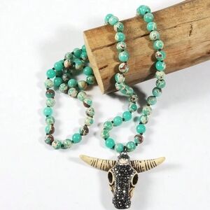 Turquoise Beaded Necklace with Bull Head Pendant